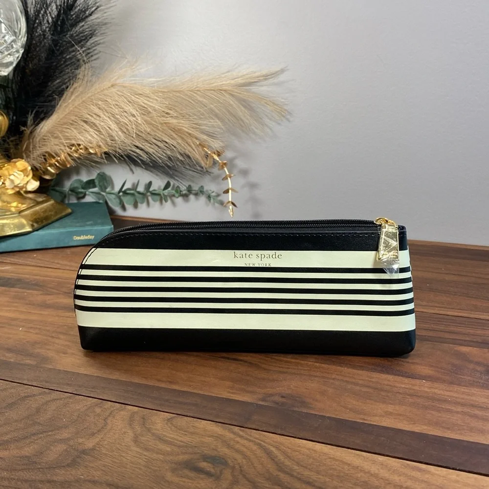 Kate Spade New York Pencil Case Zip Pouch in Black Stripes - Picture 1 of 1